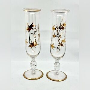 Vintage Pair of Glass Bud Vases Gold Gilt Floral Flower Leaves MCM